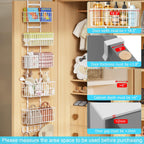 Adjustable Over The Door Organizer, Metal Hanging Door Organizer with 5 Wire Basket 7 Hooks, Wall Mounted Shelf for Pantry Closet Organization and Storage, White