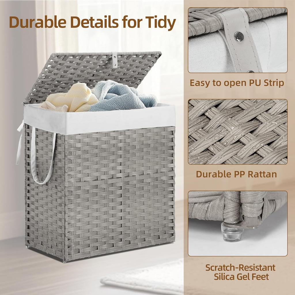 Woven Laundry Basket with Lid, Large Hamper with Removable and Machine-Washable Liner, Foldable Rattan Clothes Hamper, Sturdy Steel Frame, Odor Control, 110L Capacity, Dove Gray