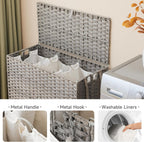 Laundry Hamper with Wheels, 52.8 Gallon(200L) Rolling Laundry Basket with Lid, 3-Section Rattan Clothes Hamper with 3 Removable Liner & 3 Mesh Bags, Laundry Sorter with Side Pocket, Grey