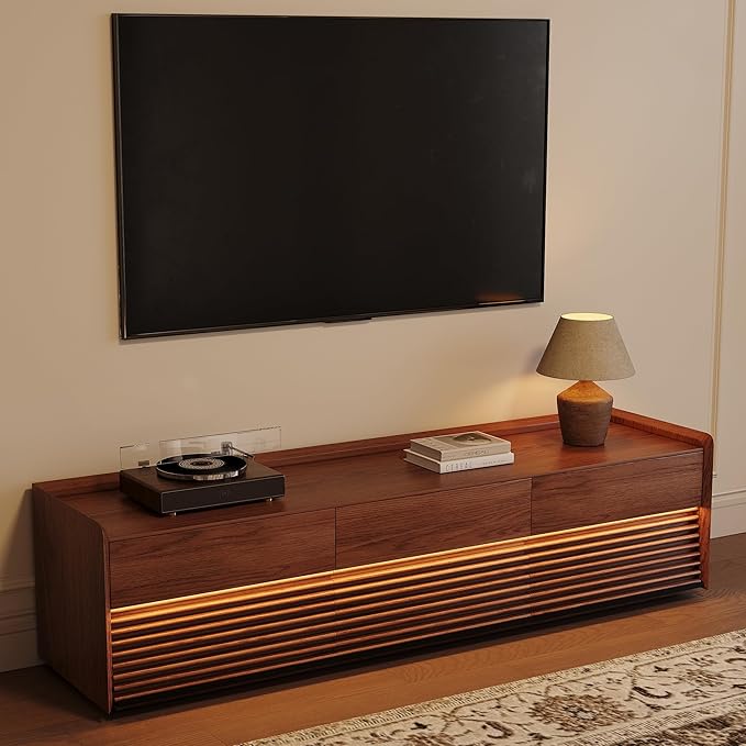 POVISON Fully-Assembled Mid Century Modern TV Stand, 70.87" Wood Media Console with Adjustable LED Light, Entertainment Center with Storage for Living Room