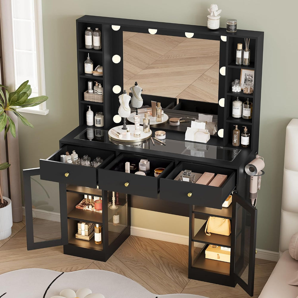 Wodeer Makeup Vanity Desk with Mirror and Lights, Black Vanity with Glass Top...