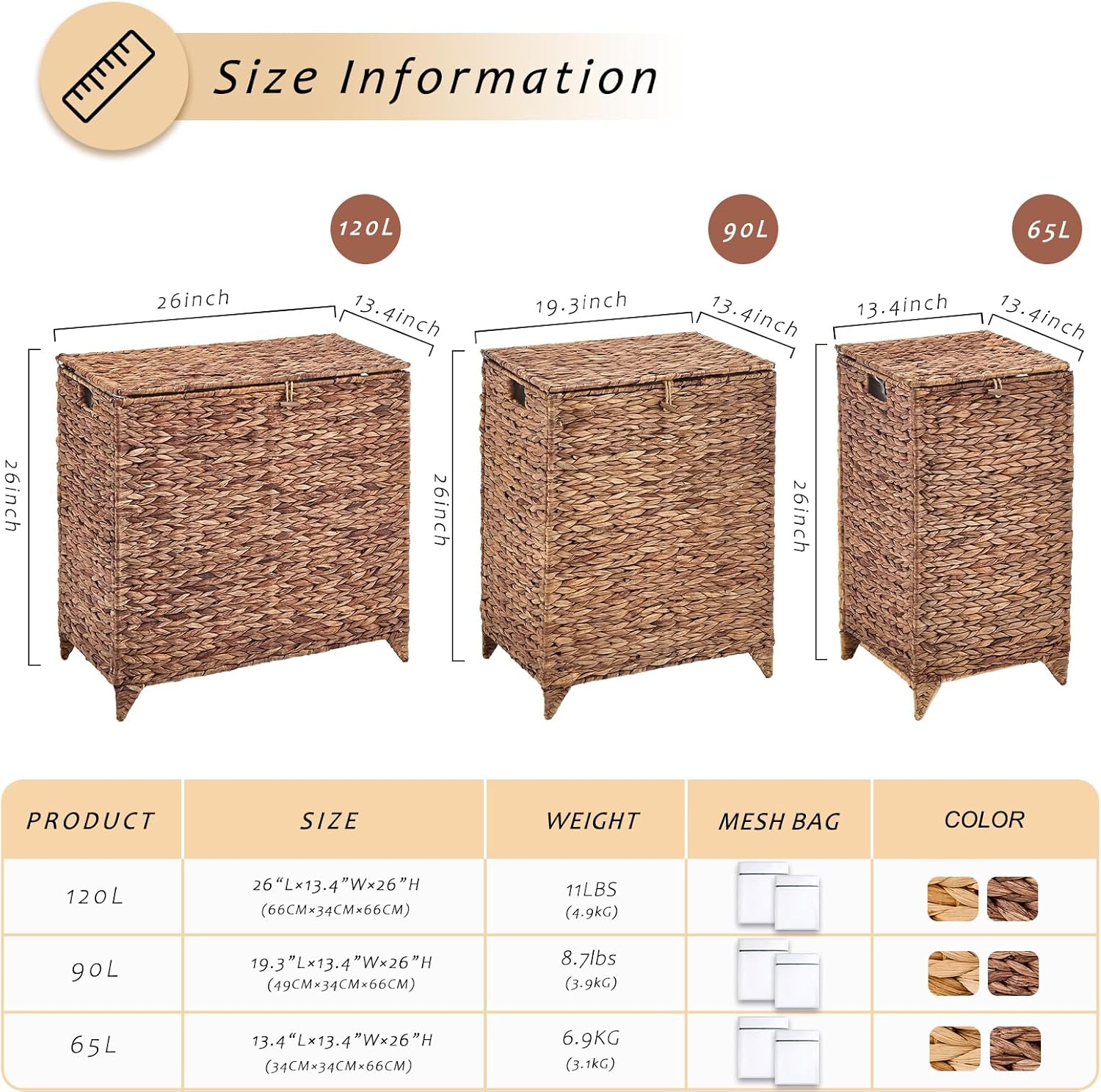Large Laundry Hamper with Lid, Handwoven Hyacinth Rattan Clothes Hamper with Removable Liner Bag, Heightened Feet Wicker Laundry Basket for Bathroom, Bedroom, Living Room and Laundry