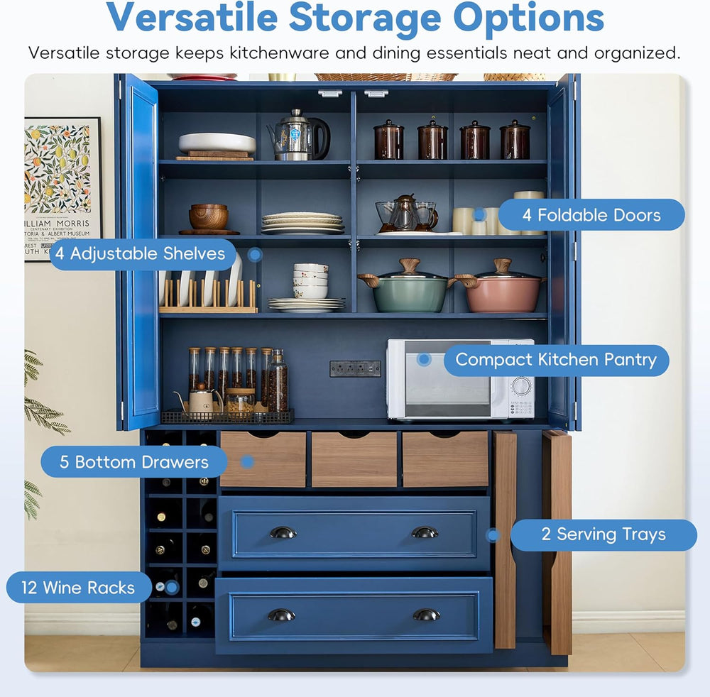 71" Tall Kitchen Pantry Storage Cabinet with 4 Foldable Doors, Freestand...