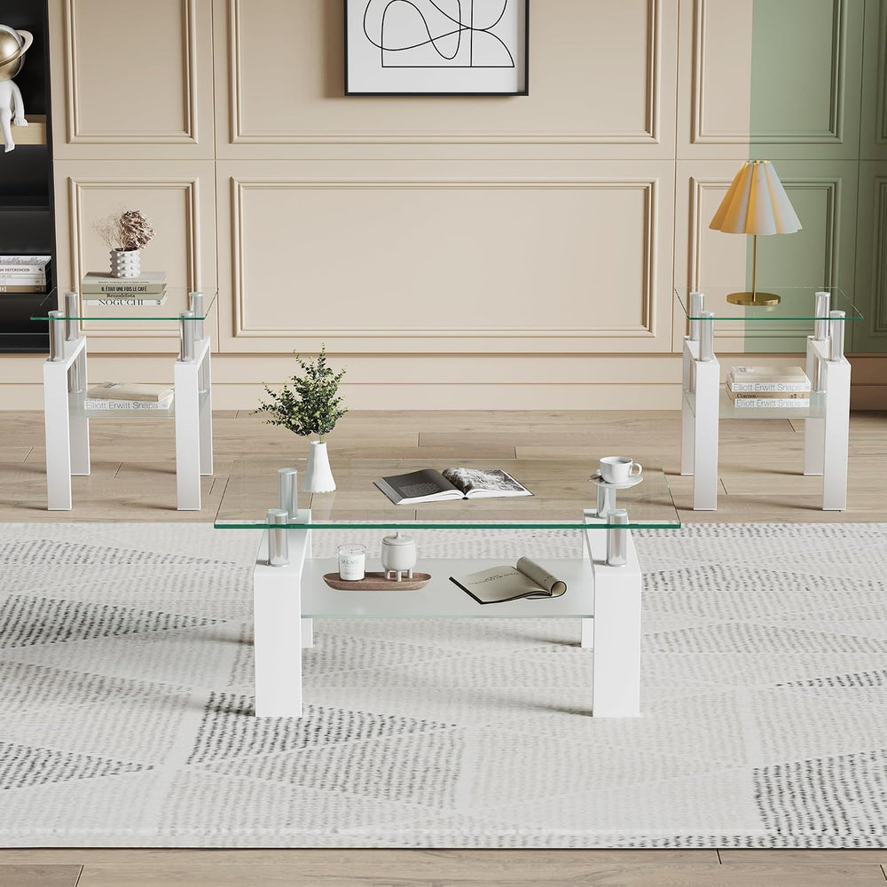 Glass Coffee Table Set of 3, 3-piece Living Room Tables with Tempered Glass a...