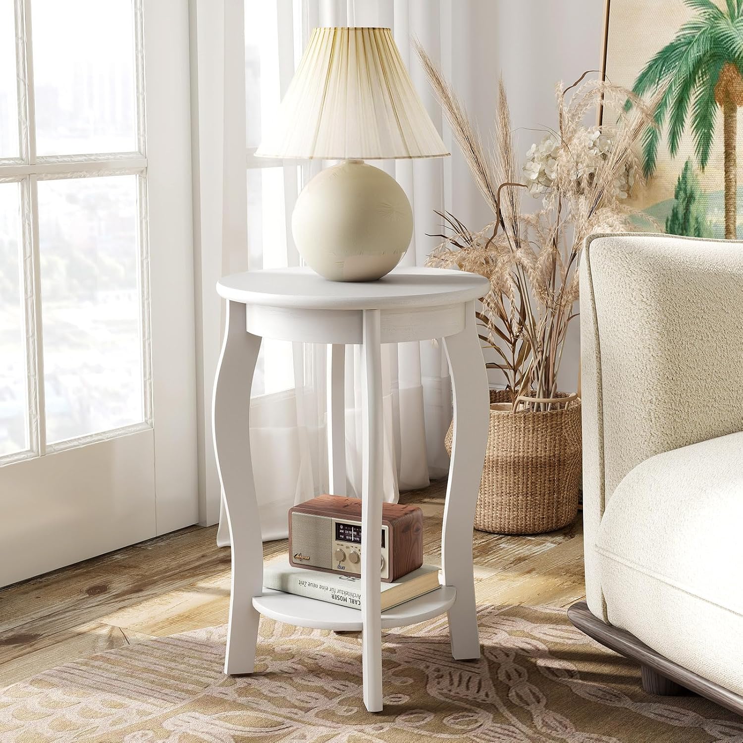 GOFLAME 2-Tier Round End Table Set of 2, Mid-Century Modern Sofa Side Table with Storage Shelf, Solid Wood Legs, Compact Accent Table, Nightstand for Living Room, Bedroom, Small Space, White