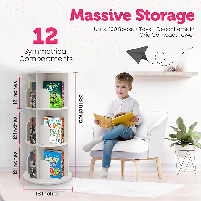 Rotating Kids Bookshelf – 3-Tier 360° Spinning Bookcase Tower, Solid Pine Wood, 12 Cubbies, Toddler Bookshelf Organizer & Lazy-Susan Storage for Nursery, Classroom or Playroom (White Finish)