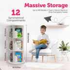 Rotating Kids Bookshelf – 3-Tier 360° Spinning Bookcase Tower, Solid Pine Wood, 12 Cubbies, Toddler Bookshelf Organizer & Lazy-Susan Storage for Nursery, Classroom or Playroom (White Finish)
