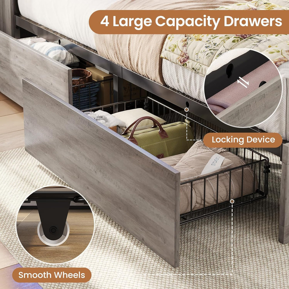 VIAGDO Farmhouse Bed Frame Full Size with Bookcase Storage Headboard, Chargin...