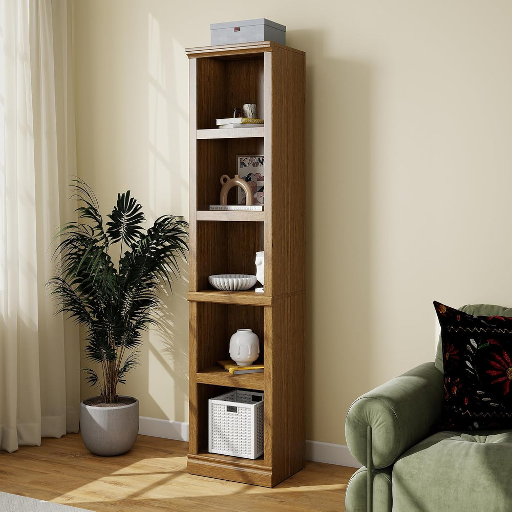 70" Tall Vintage Oak Bookcase, 5 Tiers Narrow Bookshelf for Living Room