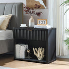 LEYAOYAO 31" Wide Fluted Nightstand Set of 2 with Charging Station, Oversized Extra Large 1 Drawer Night Stand with Golden Handle, Black Wood Bedside Table Tall End Tables,for Bedroom, Living Room