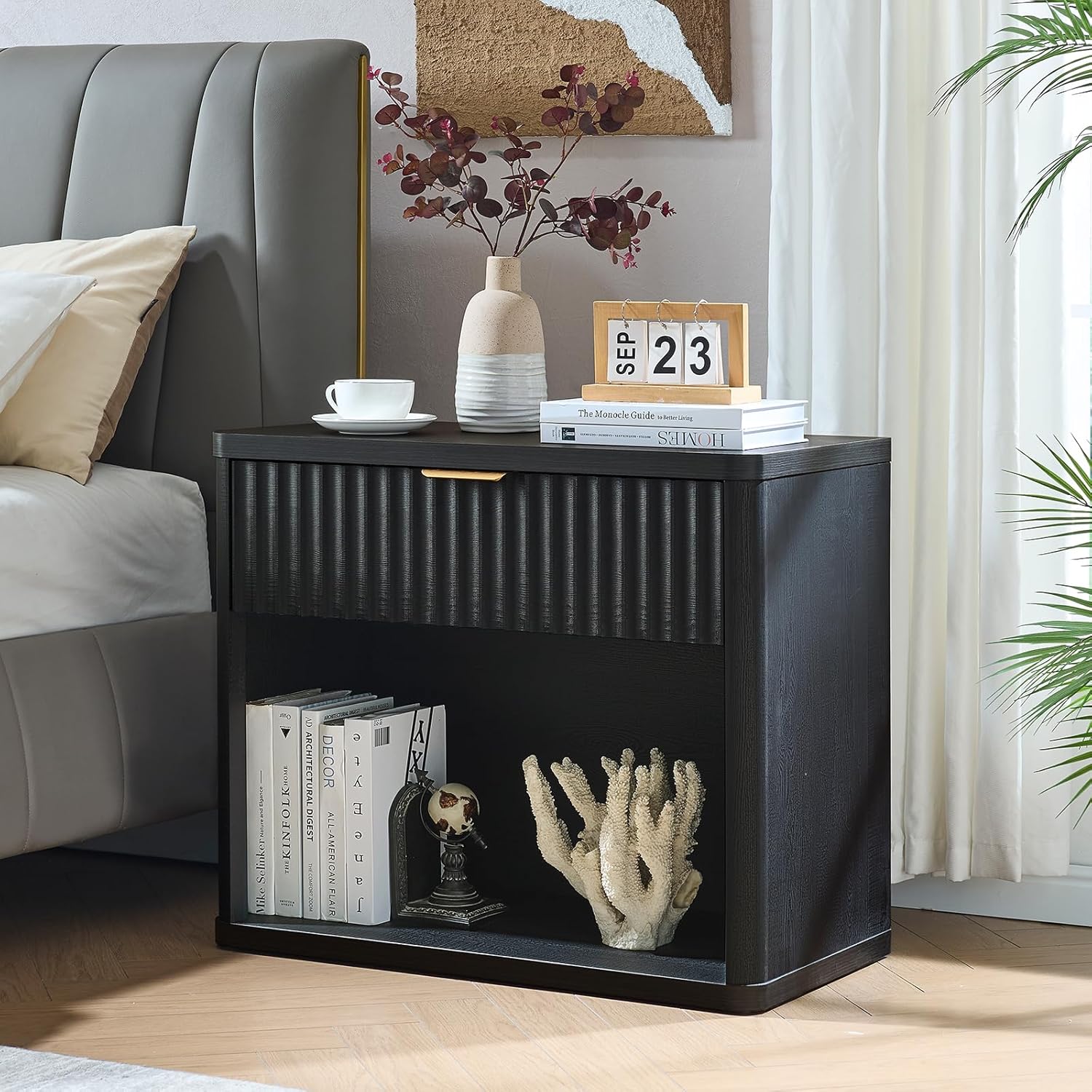 LEYAOYAO 31" Wide Fluted Nightstand Set of 2 with Charging Station, Oversized Extra Large 1 Drawer Night Stand with Golden Handle, Black Wood Bedside Table Tall End Tables,for Bedroom, Living Room