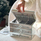 Mirrored Jewelry Box, 3-Layer Glass Jewelry Organizer with Lid & 2 Drawers, Silver Crushed Diamond Home Decor, Fancy Gift for Her (9.3" L x 6.3" W x 7.1" H)