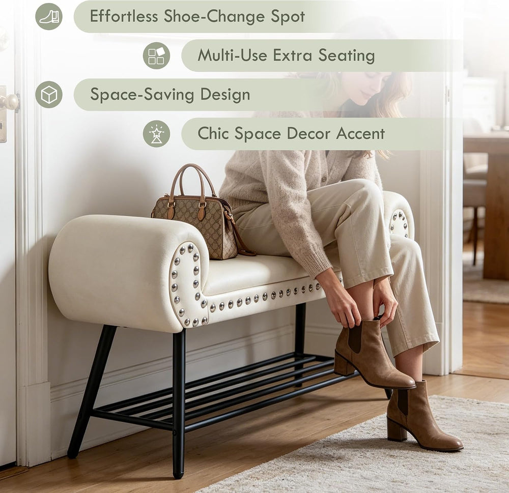 45" Entryway Bench with Shoe Storage，Modern Bedroom Velvet Fabric Uphols...
