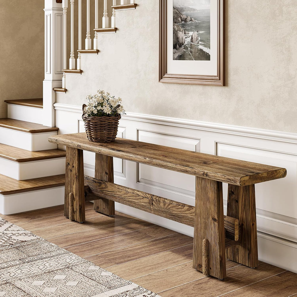 LITTLE TREE 59" Solid Wood Bench, Farmhouse Entryway Bench, Long Retro B...