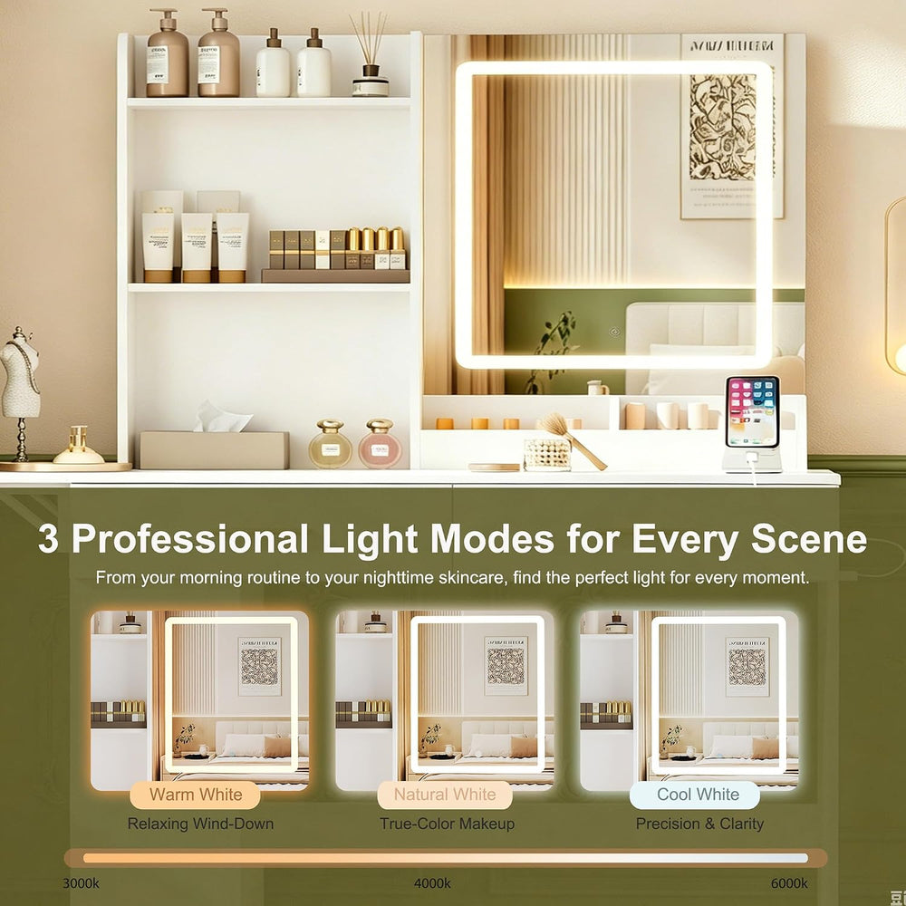 ERLEJIA Vanity Desk with Mirror and Lights, 43.31" Makeup Table Without ...