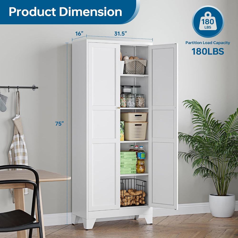 PEUKC 75" Farmhouse Metal Storage Cabinet with Doors and 4 Adjustable Sh...