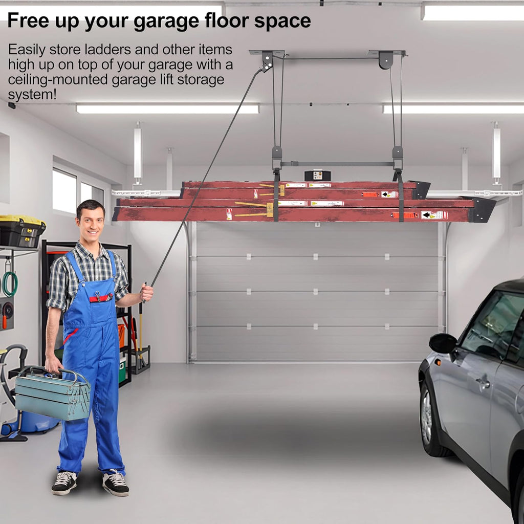 TRUSOON Ladder Storage, Larger Pulley Ladder Hoist, Self Locking Function Ladder Hanger, Garage Ceiling Mount Lift System for Kayak, Cargo Box, Canoe, Bike,Fit 10-14 Foot Ceilings, Hold 150 lbs