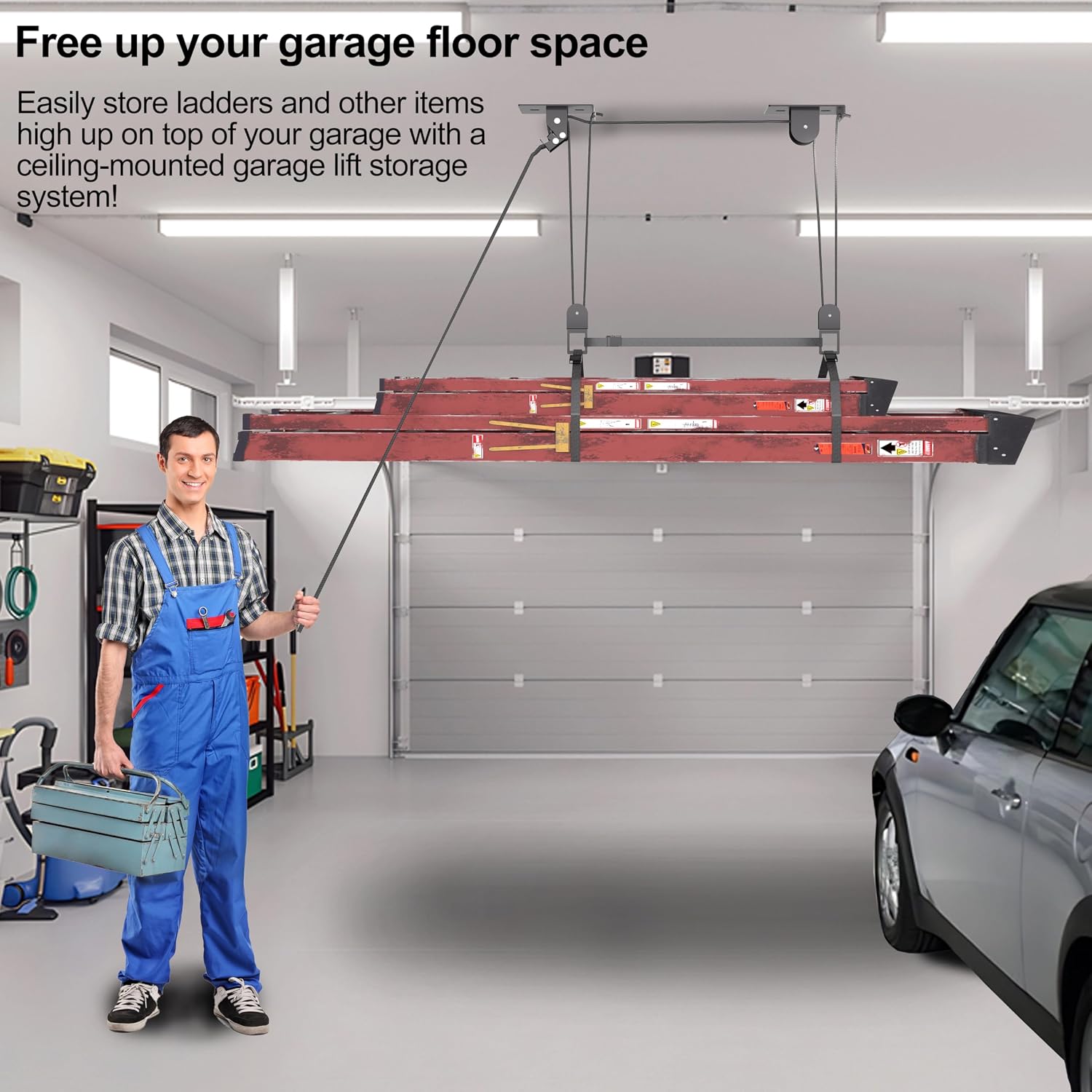 TRUSOON Ladder Storage, Larger Pulley Ladder Hoist, Self Locking Function Ladder Hanger, Garage Ceiling Mount Lift System for Kayak, Cargo Box, Canoe, Bike,Fit 10-14 Foot Ceilings, Hold 150 lbs
