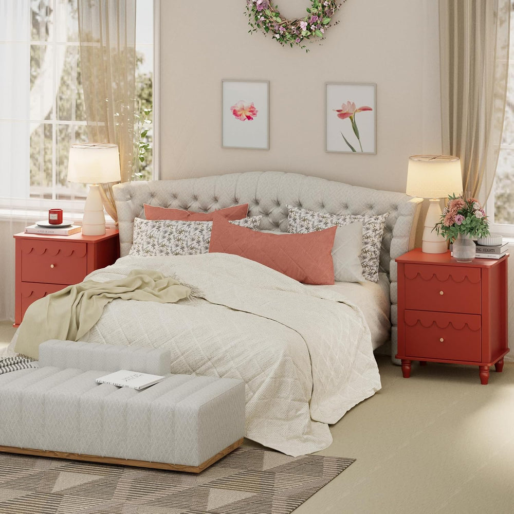 Anbuy Red Nightstand with Petal Pattern, Modern Night Stand with 2 Drawers fo...