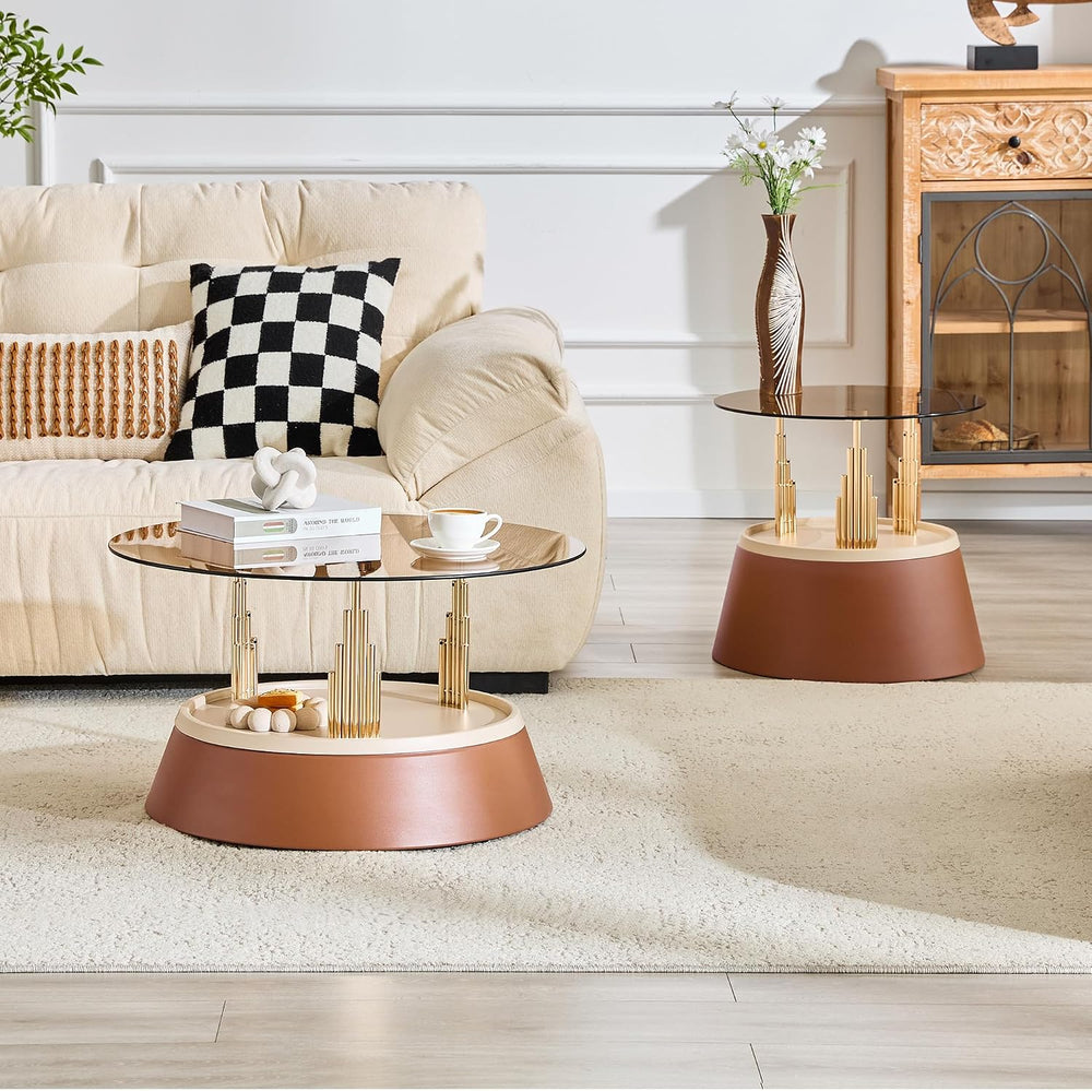 Round Glass Coffee Table Set of 2, Brown, 27.5 Inch | Amber tempered glass to...
