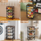5-Tier Utility Kitchen Cart Storage with Pull-Out Baskets and Wood Top,Heavy Duty Multi Rolling Pantry Kitchen Cart on Wheels for Fruit Potato Onion Vegetable Snack Produce,Black