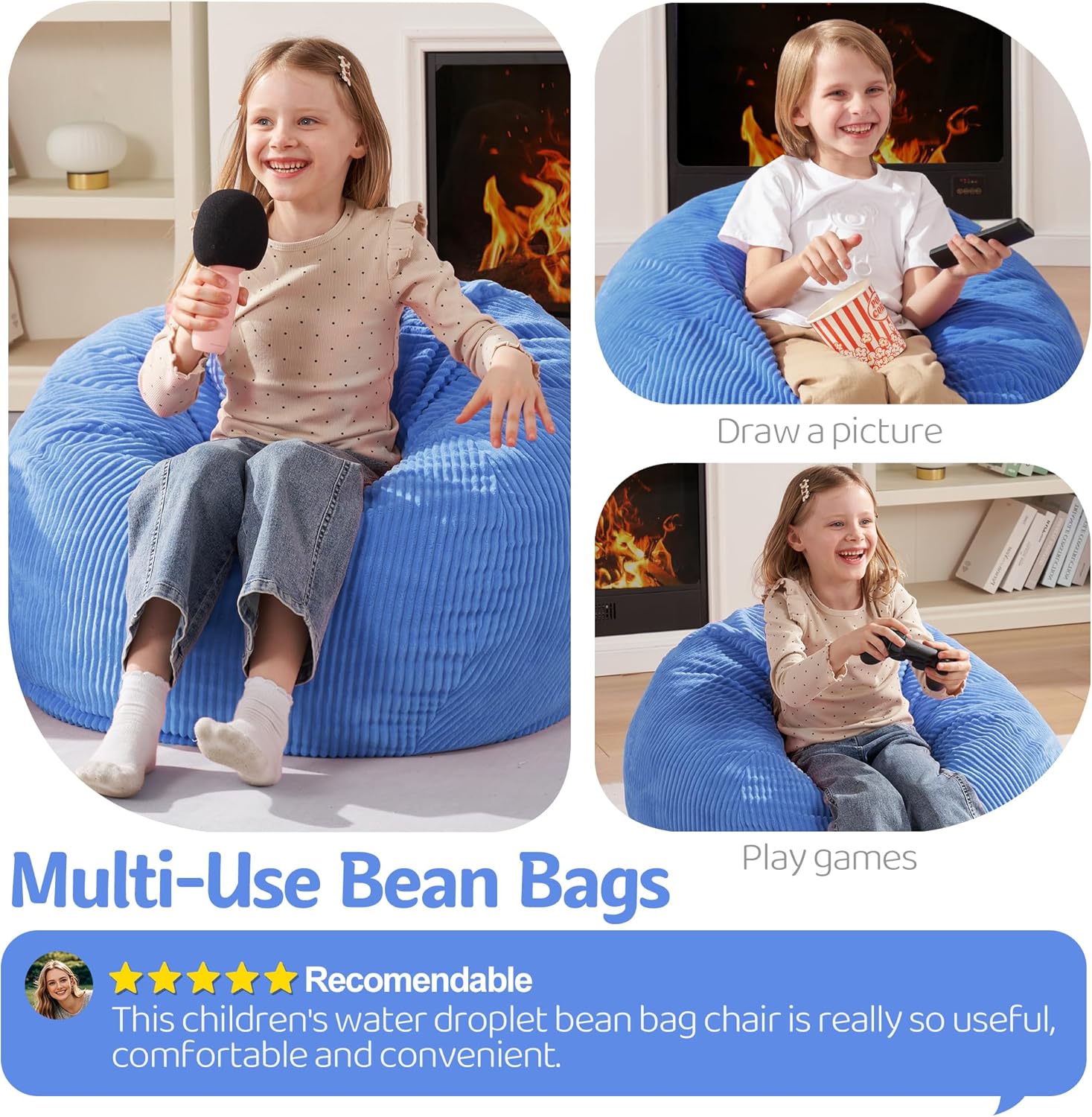 Homguava 2FT Bean Bag Chair,Teardrop Bean Bags Small Beanbag Chair with Memory Foam Filled and Ultra Soft Corduroy Cover for Living Room, Bedroom (Blue)