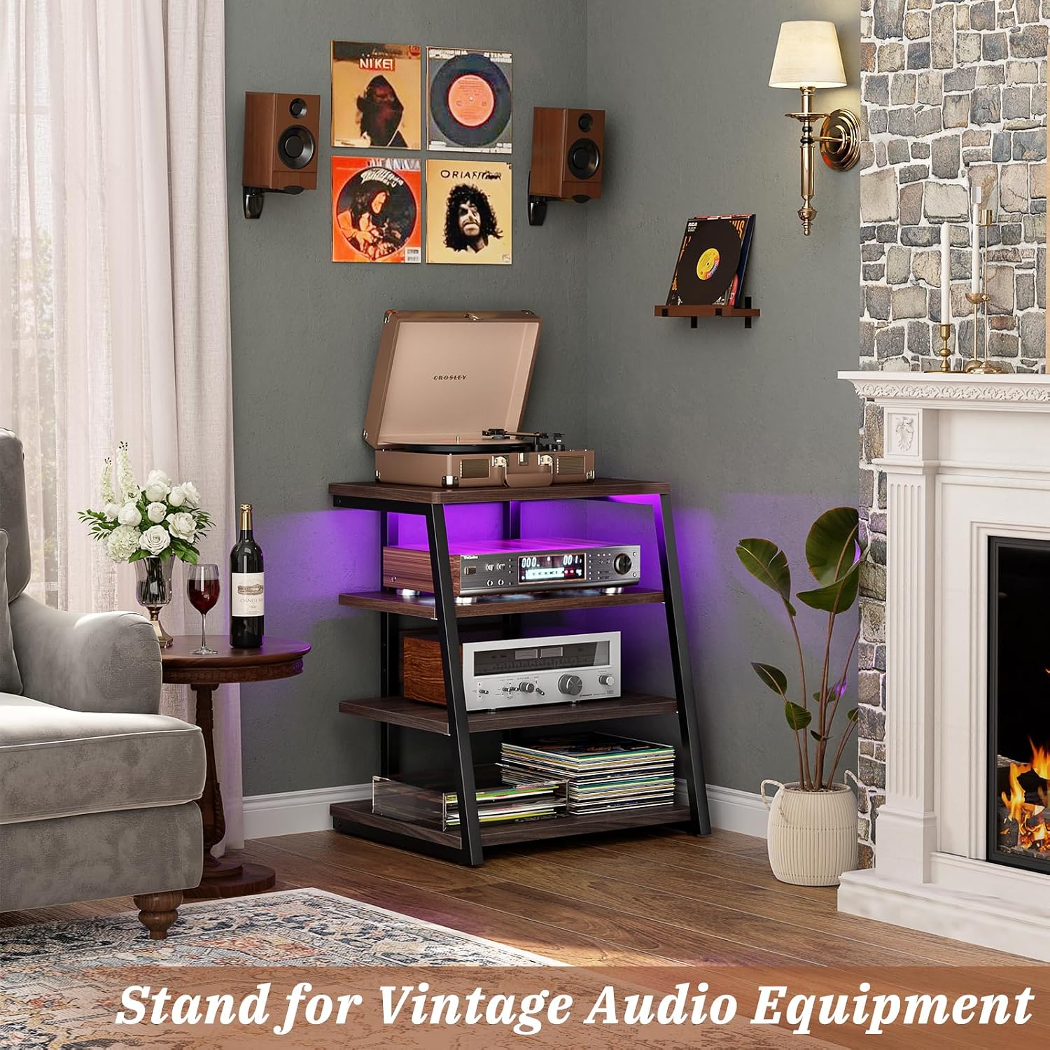 Armocity AV Media Stand, Stereo Stands and Racks Small Entertainment Center | Corner Shelf Stand with Power Strip & LED Lights, Audio Tower HIFI Rack Stereo Shelf CRT TV Stand, 4 Tier, Black Walnut