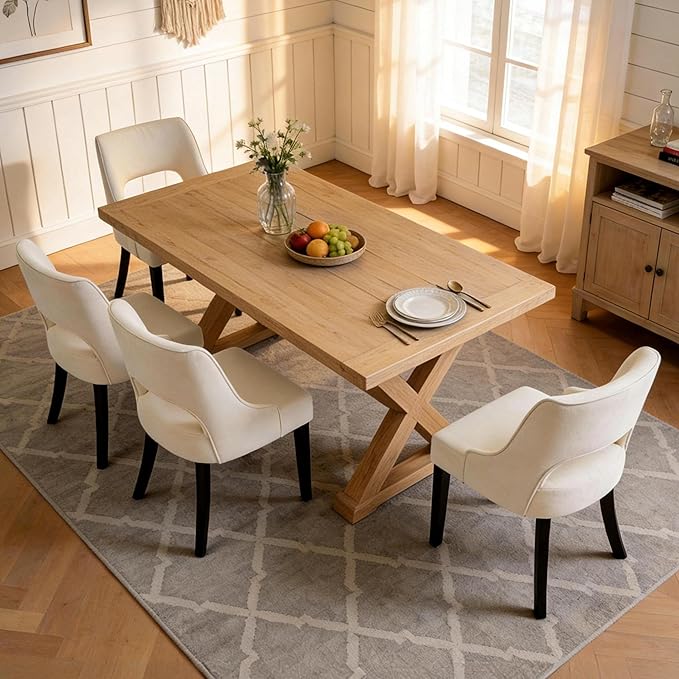 ClinQ Wooden Dining Chairs Set of 4, Modern Fabric Upholstered Kitchen Chairs Dining Chair, Mid Century Modern Chair for Dining Room, Farmhouse Kitchen Chairs for Kitchen Dining Room, Beige-Black Legs