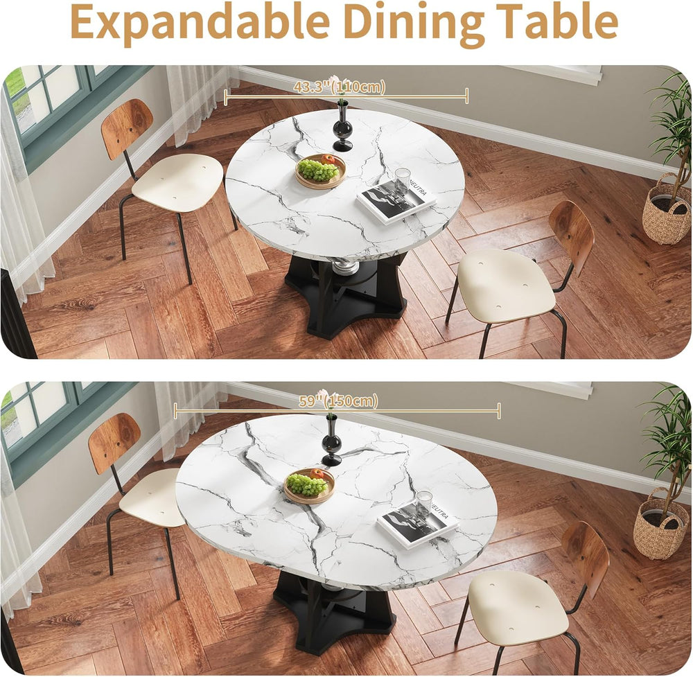 Extendable Dining Table 43"-59" for 4-6, White Faux Marble Round Ki...