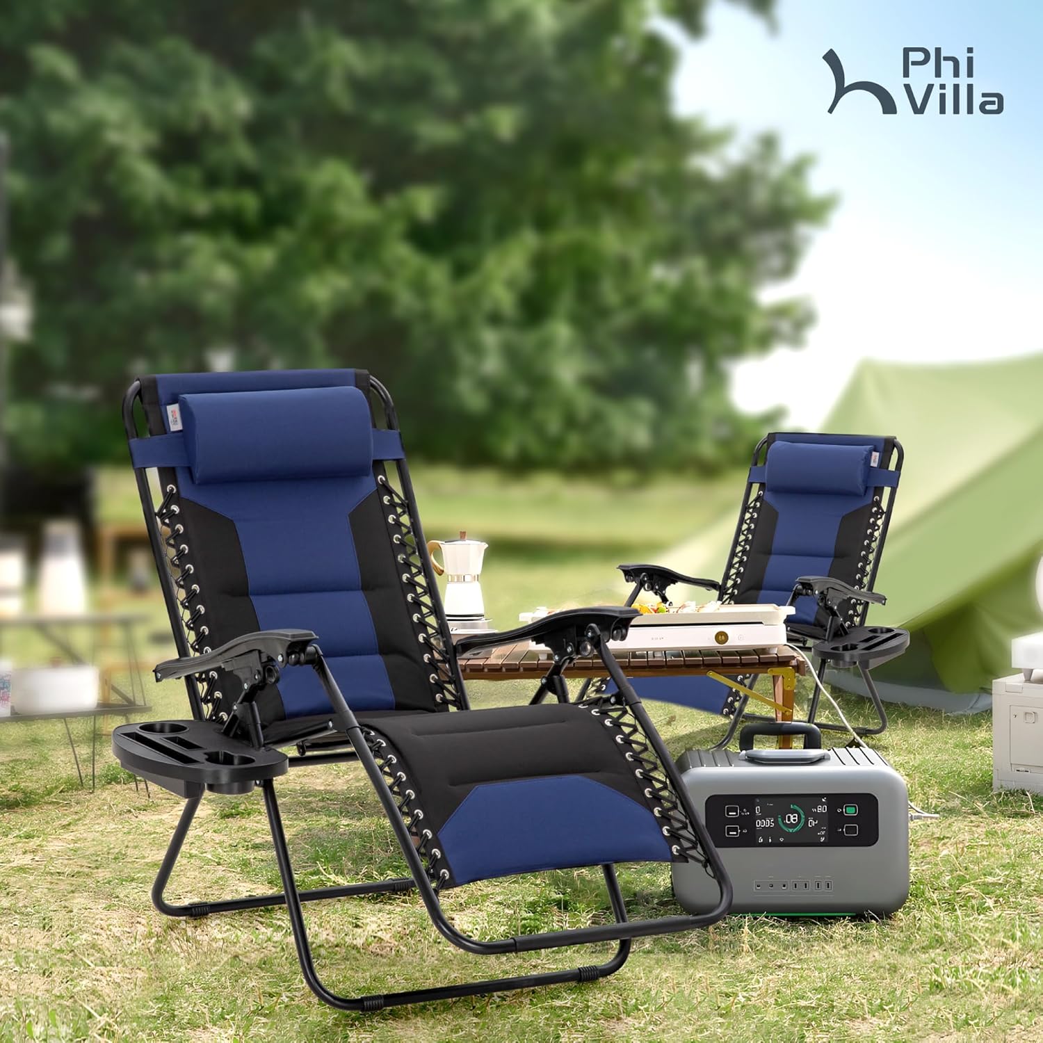 PHI VILLA Zero Gravity Chair Set of 2, Padded Anti Gravity Recliner, Oversized 28" Wide Seat, Foldable Patio Lounger with Armrest & Cup Holder, Supports 400 LBS (Blue Black)