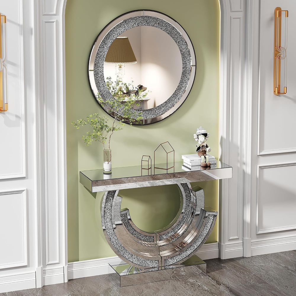 Silver Mirrored Console Table, 43" Modern Entryway Table with Crushed Di...