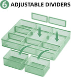 Marbrasse 3 Packs Desk Drawer Organizers, Metal Mesh Dividers with 9 Adjustable Compartments, Pen Organizer for Drawer Tray Box Accessories for Desktop,Kitchen, Makeup(Green)