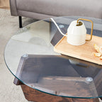 Round Glass Coffee Table, 33.4-Inch Clear Tempered Glass Top | Rustic Walnut-Finish Crossed Base, Modern Glass Center Table for Living Room, Apartment and Small Spaces