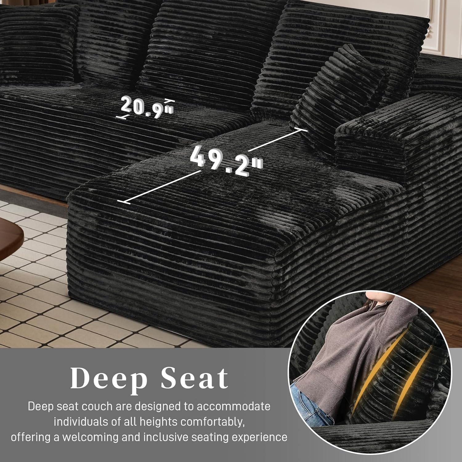 108" Boneless Couches for Living Room, L Shaped Comfy Cloud Modular Sectional Memory Foam Deep Seat Boneless Couch, No Assembly Required Boneless Sofa for Living Room with Right Facing Chaise, Black