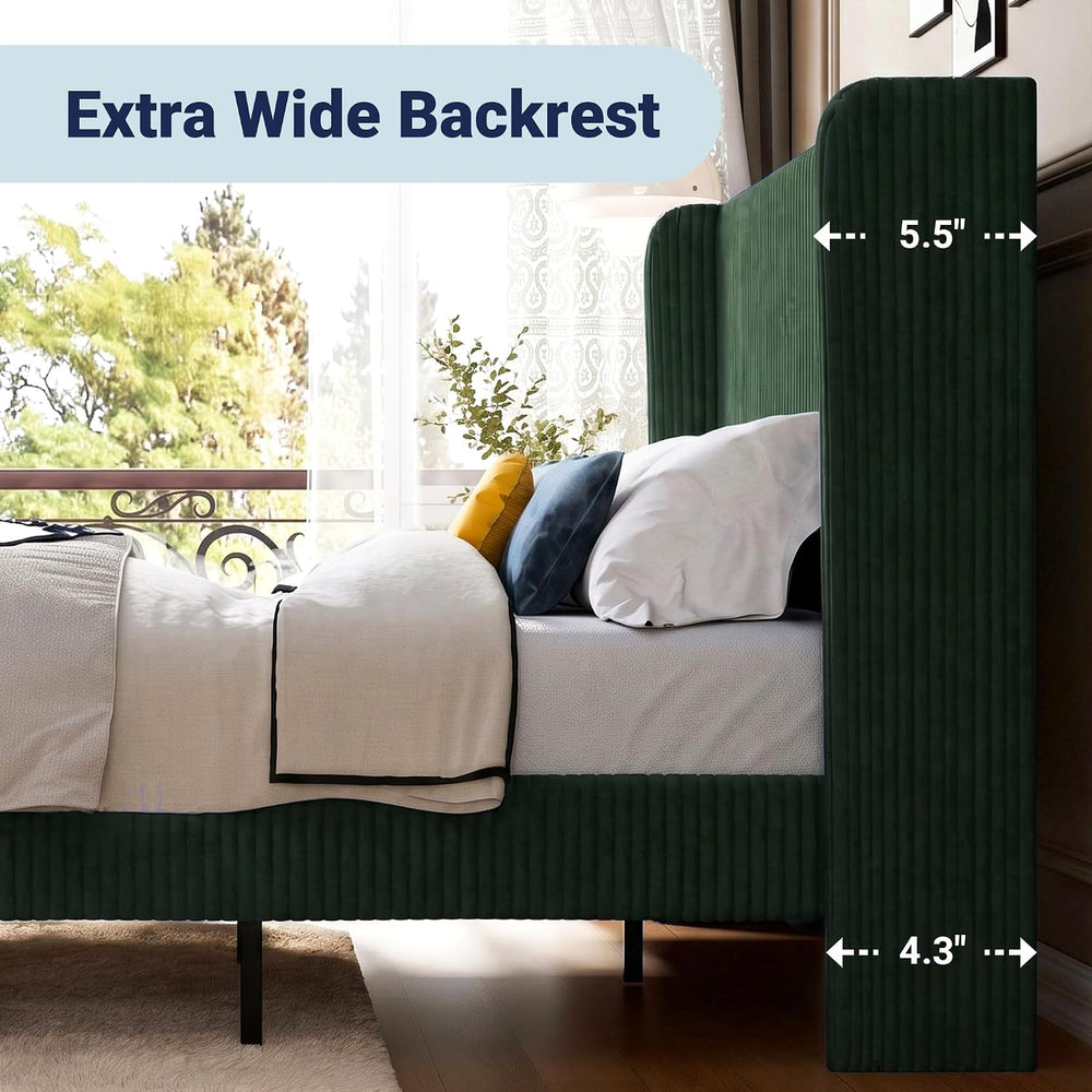 Allewie Full Size Platform Bed with Corduroy Wingback Headboard, Green