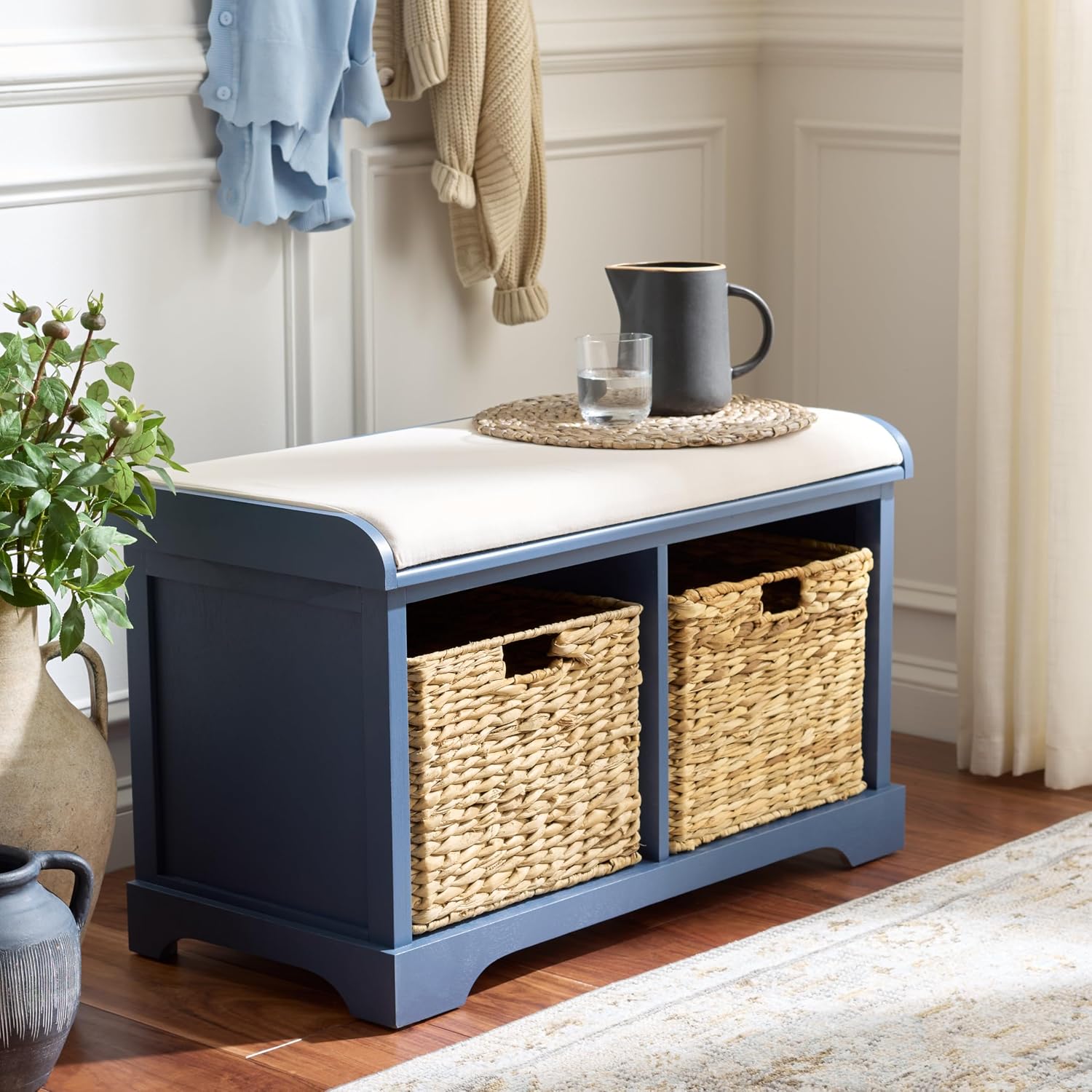 SAFAVIEH Furniture - Freddy 2-Basket Storage Bench - Blue - Solid Wood - Coastal Basket Storage Design - Ideal for Entryway, Living Room, Hallway, 18" Seat Height - Fully Assembled (AMH5736K)