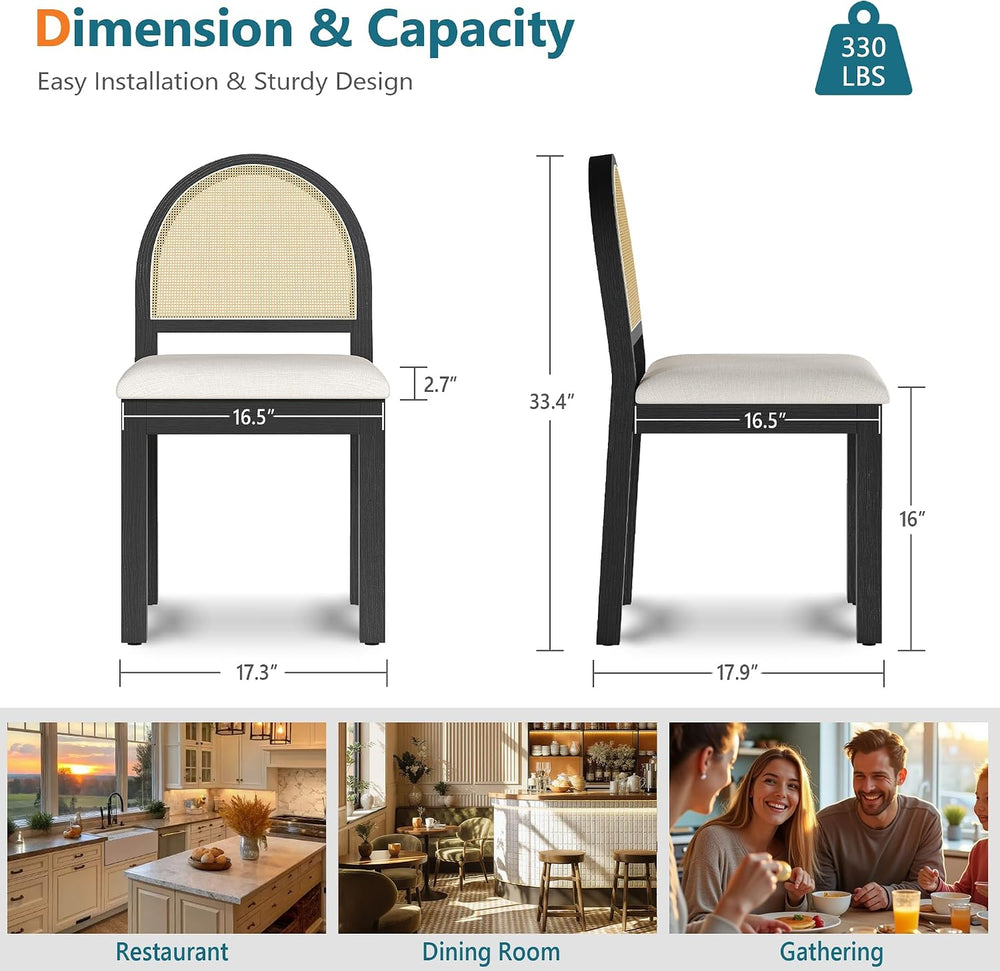 Upholstered Rattan Dining Chairs Set of 4, Farmhouse Wooden Kitchen Chairs