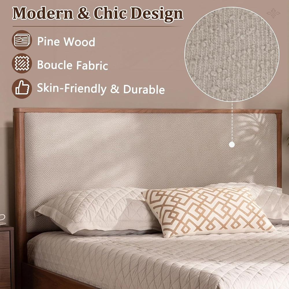 SOFTSEA Solid Wood Queen Bed Frame with Upholstered Headboard, Mid Century Mo...
