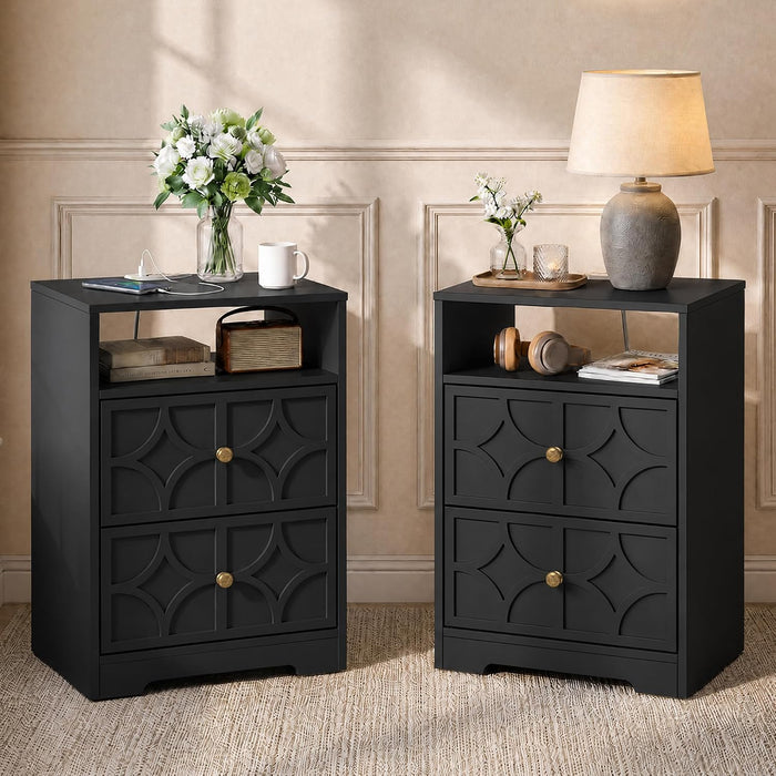 RoyalCraft Nightstand Set of 2, Large Night Stand with Charging Station, Modern Side Table with 2 Drawers, Accent End Table, Storage Cabinet for Bedroom, Entryway, Black