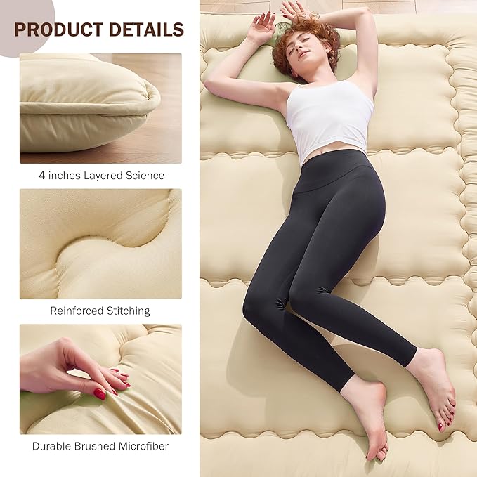 Japanese Floor Futon Mattress Full Size, 25D High Density Support Foam, 4" Thicken Foldable Mattress Tatami Mat Sleeping Pad Suitable for Camping, Guest Room, Beige 54"x 80"