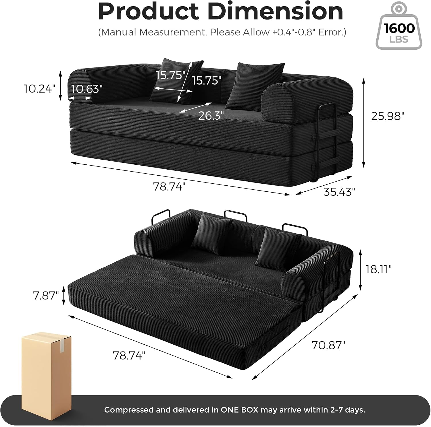 79" Convertible Sofa Bed, Boneless Couches for Living Room | Corduroy Futon Sofa Bed with Pocket Springs, Modular Sleeper Couch in a Box, No Assembly, Black