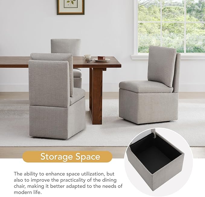 Upholstered Dining Chairs with Casters, Modern Dining Room Chairs Set of 4 with Hidden Storage & 4 Wheels, Single Sofa Chair for Kitchen, Reading Room, Waiting Room, Khaki (2 Box)