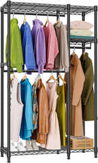 Heavy Duty Rolling Garment Rack 3 Tiers Adjustable Wire Shelving Clothes Rack with 1 Rods and Side Hooks,Storage Closet Clothing Rack Black 15.7" D x 43.3" W x 76.5" H