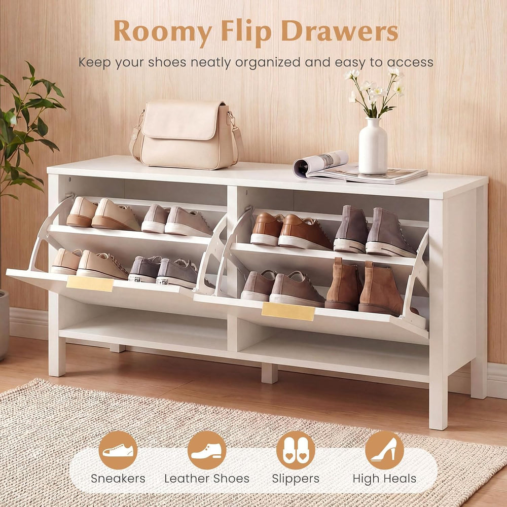 Giantex Shoe Storage Bench with 2 Flip Drawers, Wooden Entryway Bench with St...