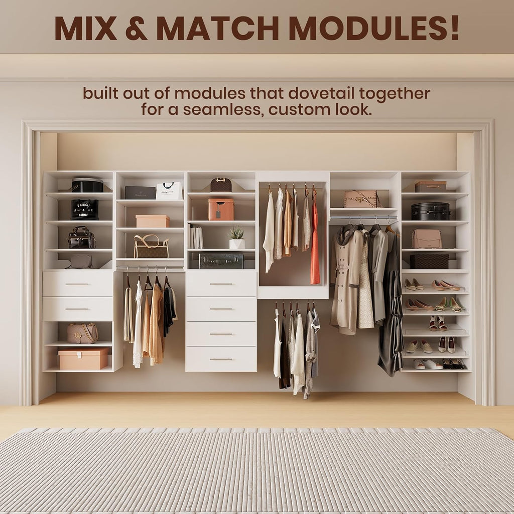 ROOMTEC 34.5" Tall Hanging Closet Unit, Modular Closet System with Hanging Rod, Wardrobe Organizer for Bedroom or Walk-in Closet, Wall Mounted, Customizable Clothes Storage Unit, White