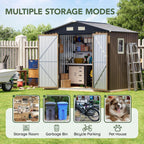 6x8FT Outdoor Metal Storage Shed, Double Door, 1 Clear Window, Tool Shed for Garden, Patio, Backyard Brown