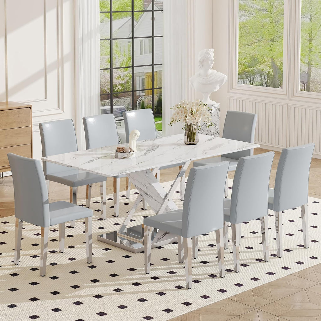 YUNDREAM Modern Marble Dining Table Set for 8,White Sliver 71''Dining Room Table with Chrome Plated XShaped Frame and Gray Leather Dining Chairs,Easy Assemble,Kitchen Table and Chairs for Dining Room