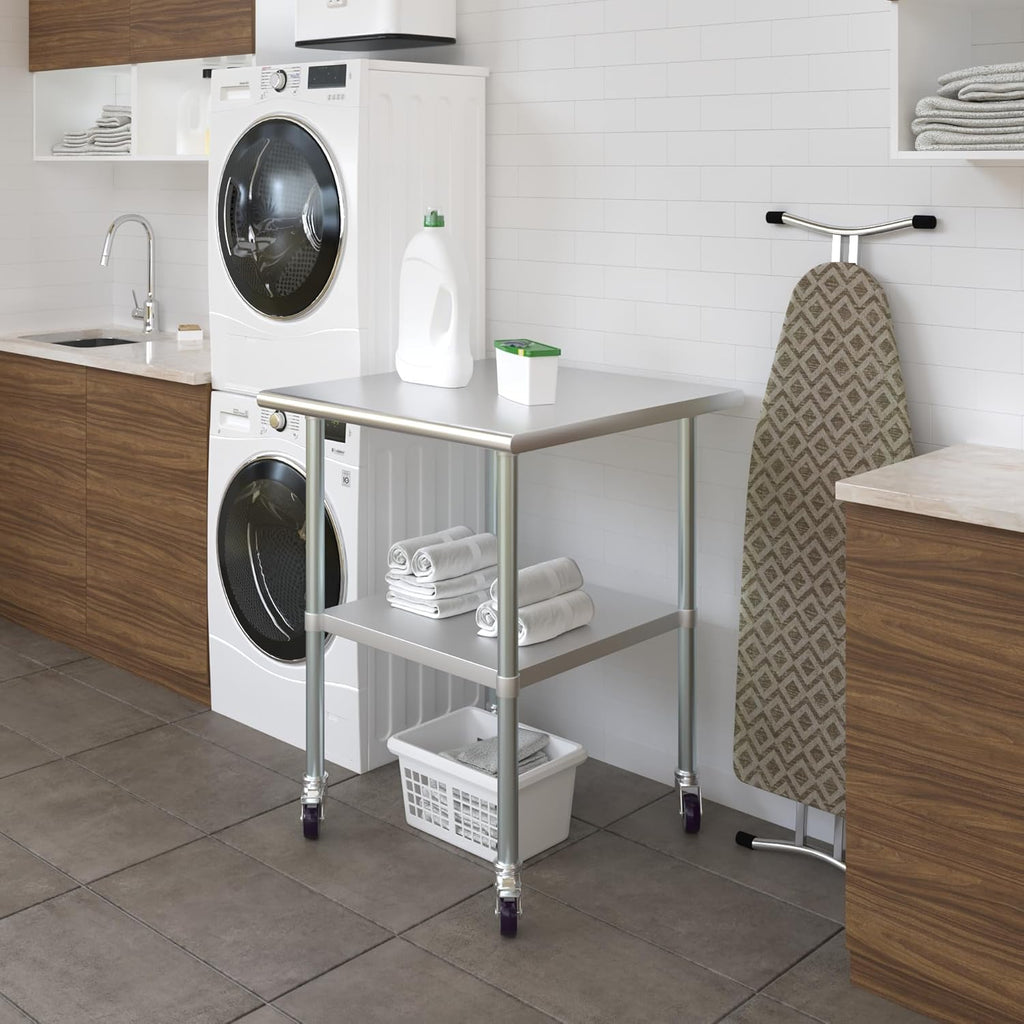 AmGood 30" x 30" Stainless Steel Work Table with Casters | Heavy Duty Metal Utility Table On Wheels | Kitchen Island Cart