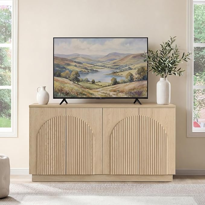 Yechen Fluted TV Stand with Arched Reeded Design Doors, Modern Entertainment Center with Storage for Up to 65 Inch, TV Media Console, TV Cabinet for Living Room, Bedroom/Natutal Oak(1 PCS)