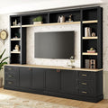 Merax 102.3 Inch Wide Farmhouse Entertainment Center, Rustic TV Stand with 6 Drawers & Adjustable Shelves, Large Media Console for TVs up to 75", Modern Bookshelves Wall Unit, Black
